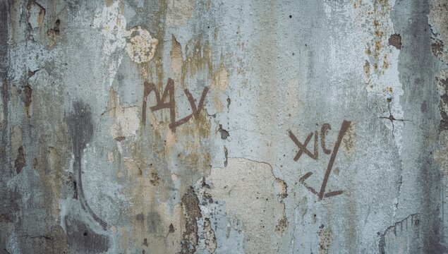 Textured close shot of a weathered concrete wall showing artistic marks and surface flaws