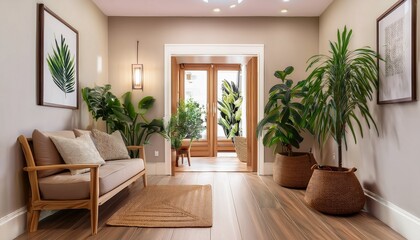 Fototapeta premium interior hallway featuring wooden furniture and potted plants