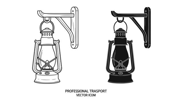 Vintage Lantern Icons: Two detailed vector illustrations of old-fashioned oil lamps mounted on wall brackets, presented in both line art and solid silhouette styles.