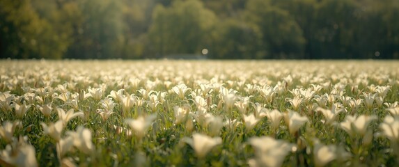 Fototapeta premium Open field blossoming with fragrant white trumpet lilies under gentle sunlight