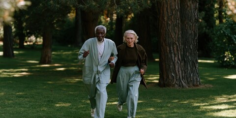 Obraz premium Senior couple walking together in a green park for lifestyle wellness background and banner design promoting outdoor activity