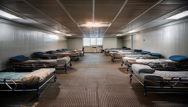 clean organized disaster relief shelter with simple cots and blankets in a large empty room soft overhead lighting creates a calm atmosphere symbolizing preparedness and support during emergencies