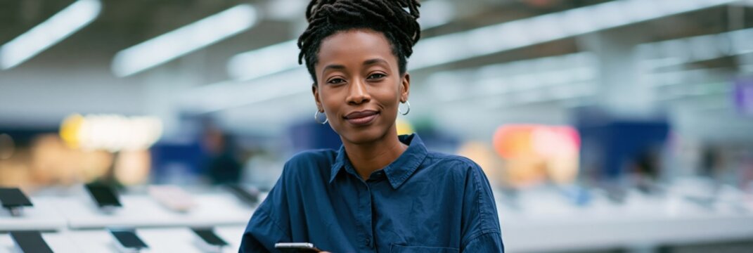 Smiling retail sales associate with smartphone in electronics showroom for banner and web header background emphasizing product demo and customer service