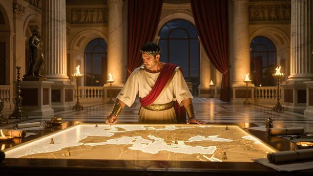 Ancient Roman emperor planning military strategy over illuminated map in grand palace interior