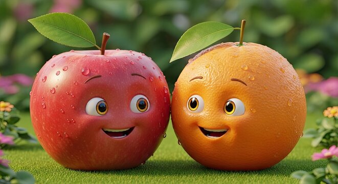 Cartoon apple and orange characters smiling together on green surface