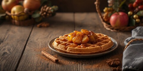 Fototapeta premium Waffle topped with caramelized apples on a wooden table