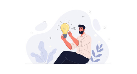 Obraz premium Man Holding Glowing Light Bulb, Symbolizing New Idea, Creativity, and Innovation