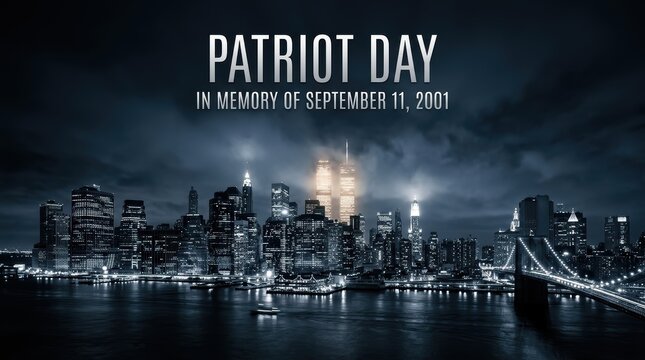 Cinematic night-time poster featuring glowing city lights of New York skyline in monochrome blue-black tones. Elegant condensed typography saying &ldquo;Patriot Day &ndash; In Memory of September 11, 2001&rdquo;. 