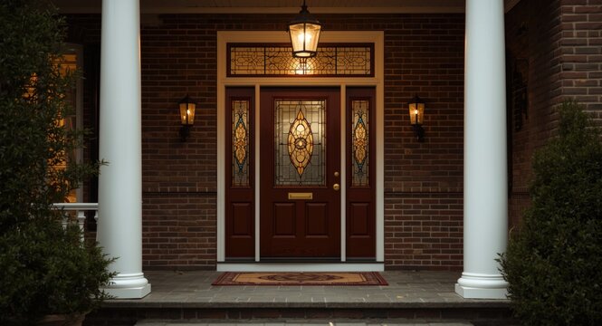 Elegant stained front door with white pillars and porch entrance