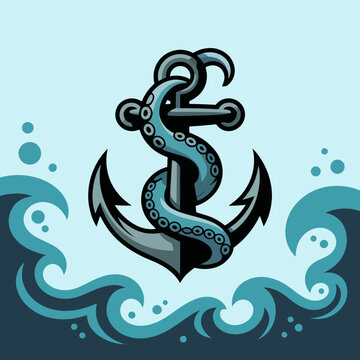 Octopus wrapped around a nautical anchor.