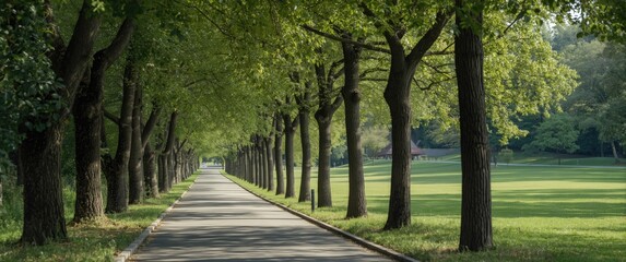 Fototapeta premium Tree-lined path through a green park on a sunny day