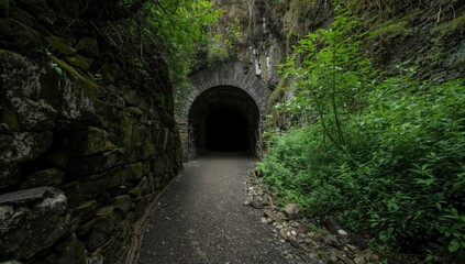 Fototapeta premium Tunnel entrance surrounded by green vegetation and stone walls