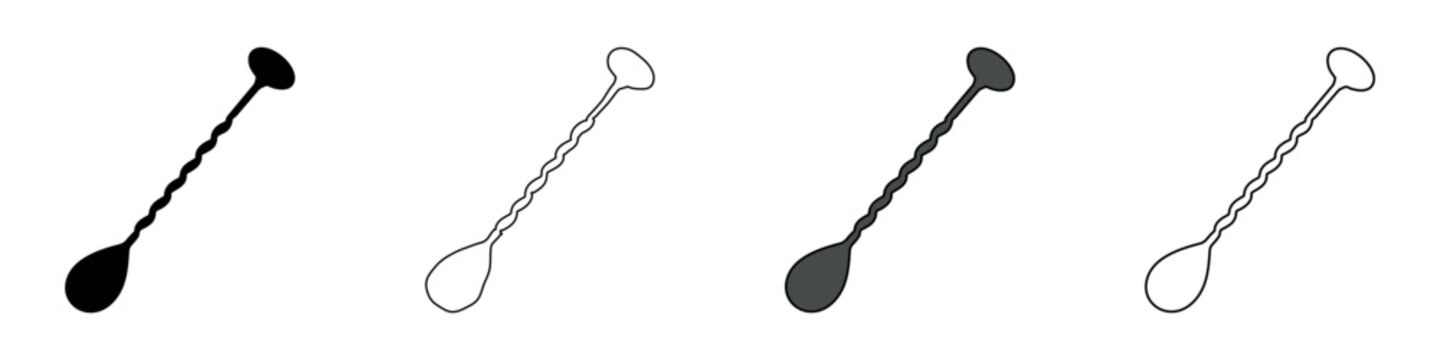 Four bar spoons in different styles: solid black, outline, gradient gray, and outline