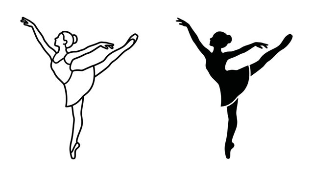 Ballet Dancer Silhouette: Two elegant ballet dancers, one outlined and one a solid silhouette, strike a graceful arabesque pose, embodying poise and artistic expression.