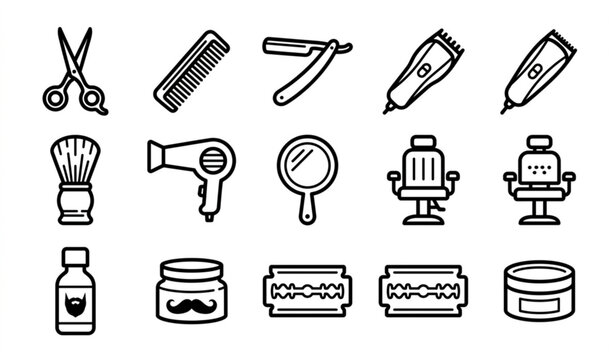 Barber shop icons vector set bold line art mens grooming tools black and white