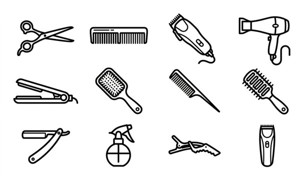 Bold line art hair styling icons vector set minimalist salon cutting tools black and white