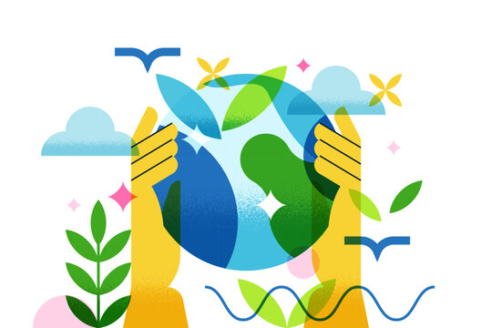 Environmental protection, ecology save planet, nature care concept. Hands holding Earth planet globe vector illustration