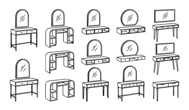 Modern Vanity Console Furniture with Mirrors Outline Vector Collection