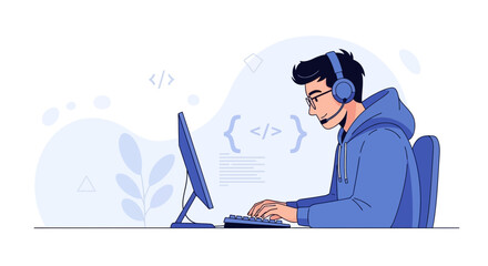 Obraz premium Programmer Coding on Computer Wearing Headset - Vector Illustration for Technology and Development Concepts