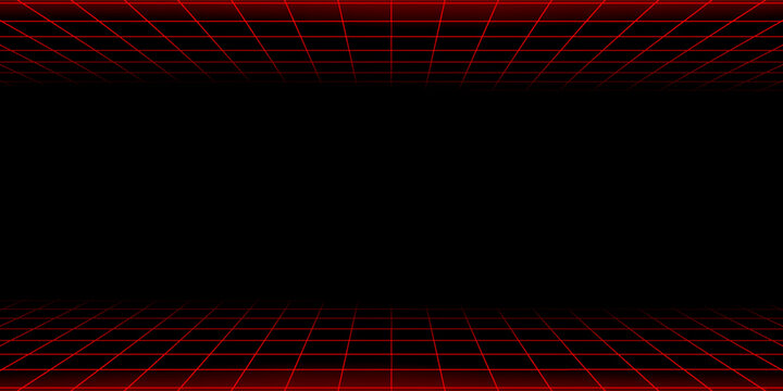Red glowing neon wireframe background. Shining diagonal checkered grid planes in perspective. Retro futuristic depth wallpaper. Arcade game sci fi matrix surface backdrop for poster, banner. Vector
