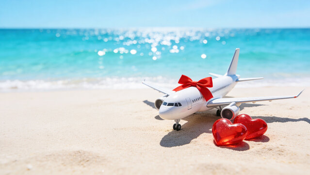 Model airplane with red hearts and bow on sandy beach, with turquoise ocean in the background with space for text, concept for travel and vacation