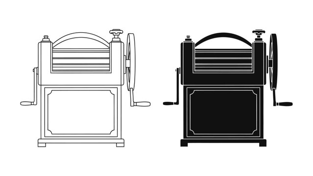 Vintage Noodle Maker: A retro manual noodle press, shown in both outline and silhouette, featuring hand cranks and rollers for homemade pasta.