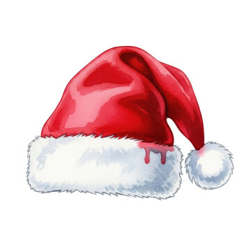 beautiful watercolor illustration of a slouched crimson santa hat with textured white fur and a puffy pom-pom, isolated on white. concept for christmas holiday icon