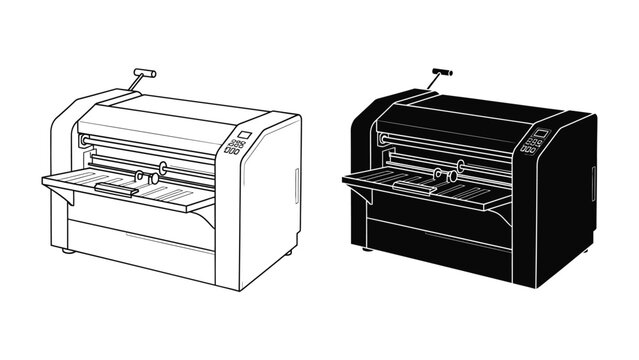Offset Printing Machine: Two detailed line-art illustrations of an offset printing machine, one in black and white and the other in black, showcase the mechanics of modern printing technology.