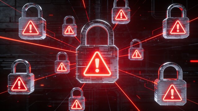 Glowing Red Cyber Security Warning Padlocks Floating Over Digital Data Network Background Representing System Breach and Unauthorized Access