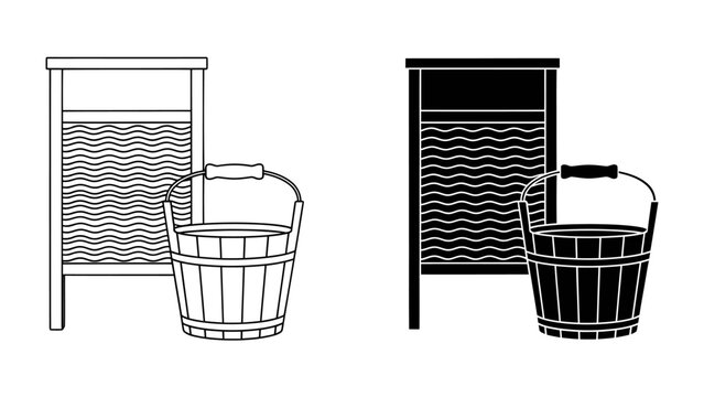 Vintage Laundry Set: A classic washboard and bucket in both line art and silhouette, representing traditional household chores and a bygone era.