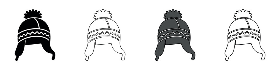 Fototapeta premium Winter hat with ear flaps and pompom in four distinct icon styles