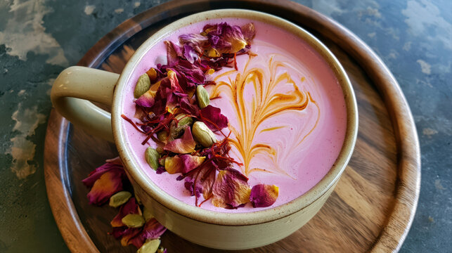 aromatic rose petal saffron latte with foam