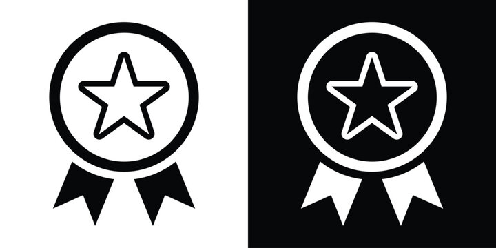 Five star ribbon medal badge vector icon symbol. Premium quality commercial award, top rank achievement, and excellence certificate sign.