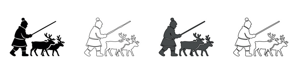 Indigenous person herding reindeer with a stick, shown in four distinct icon styles © Ophelia