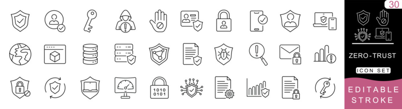 Zero Trust Security Line Icon Set &ndash; Editable Stroke Vector Outline Icons for Cybersecurity, Identity Verification, Multi Factor Authentication, Network Protection, Access Control 