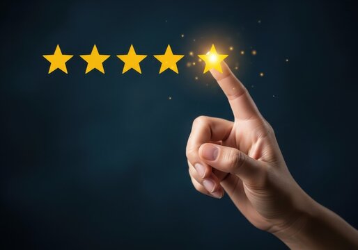 Hand selecting five stars for excellent customer feedback isolated on white background
