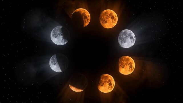 Phases of the moon in a circular sequence showing full moon, waxing and waning, lunar cycle illustration