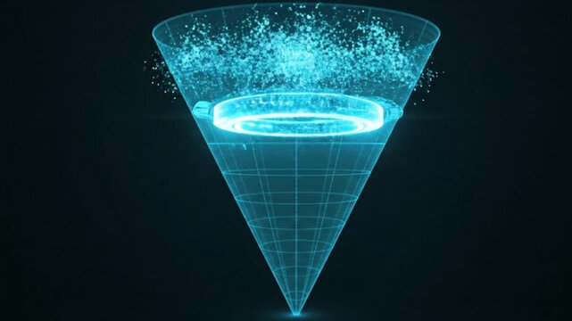 A futuristic blue glowing wireframe cone with a central ring and particle splash.