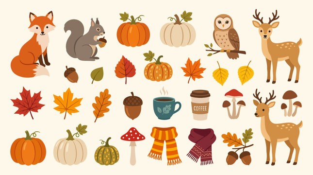 Cute autumn forest animals and cozy fall elements vector set including fox deer squirrel owl pumpkins leaves mushrooms and warm scarves.