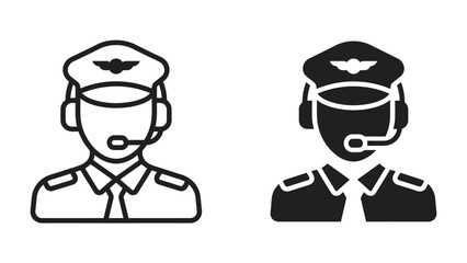 Pilot Icon Set: Two stylized icons depicting a pilot, one in outline and the other in silhouette, both wearing a cap and headset with microphone. © mahmuda