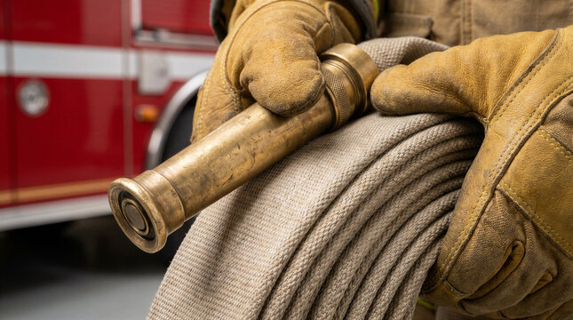 Closeup of a firefighter holding a brass fire hose nozzle and a coiled fire hose in front of a fire truck