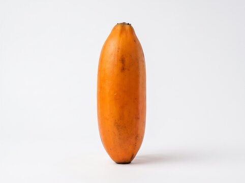 A single banana standing upright on a plain white surface
