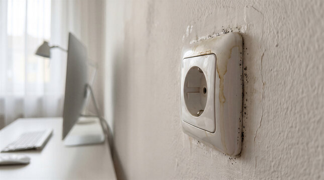 Closeup of a dirty electrical wall socket with mold and water stains on a wall in a home office with a computer in the background