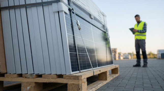 Solar panel technician checking inventory on a tablet at a construction site, standing next to a pallet of solar modules outdoors