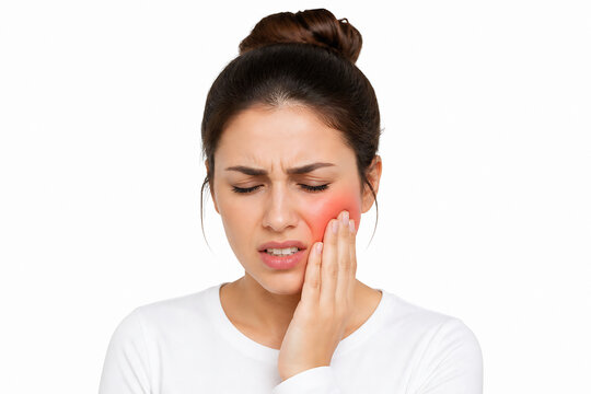 A young woman with her hand to her cheek is grimacing in apparent pain, likely due to a toothache or facial discomfort.