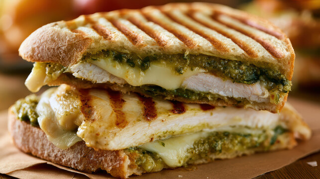 gourmet chicken pesto panini grilled sandwich photography