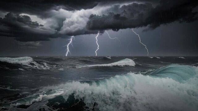 Powerful ocean storm with lightning bolts crashing waves and dark stormy clouds over turbulent sea