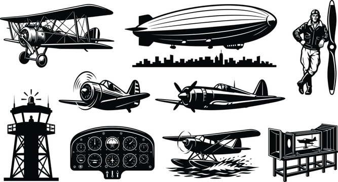 Vintage aviation vector illustration set featuring historical airplanes blimp cockpit panel and pilot