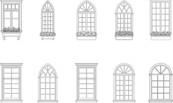 Classic and Gothic Window Frame Vector Set with Flower Boxes