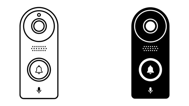 Doorbell Icon in White and Black: A minimalist depiction of a smart doorbell, presented in both outline and solid black versions, representing modern home security technology and communication.